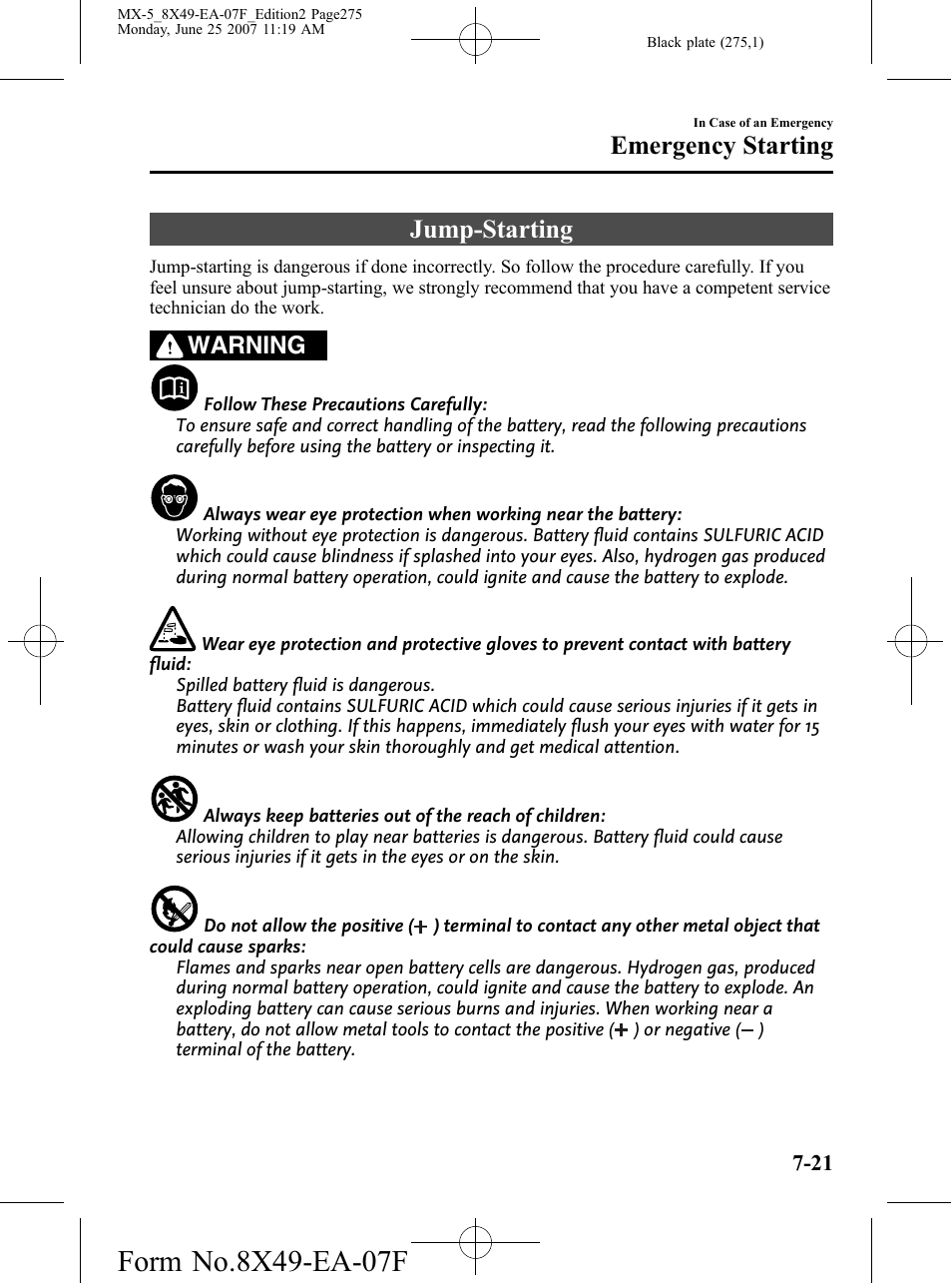 Jump-starting, Jump-starting -21, Emergency starting | Warning | Mazda 2008 MX-5 Miata User Manual | Page 275 / 458