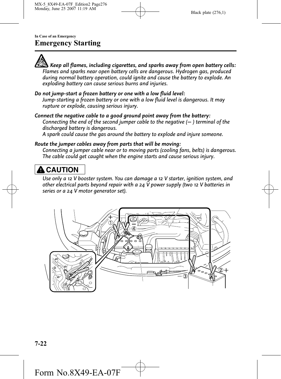 Emergency starting, Caution | Mazda 2008 MX-5 Miata User Manual | Page 276 / 458