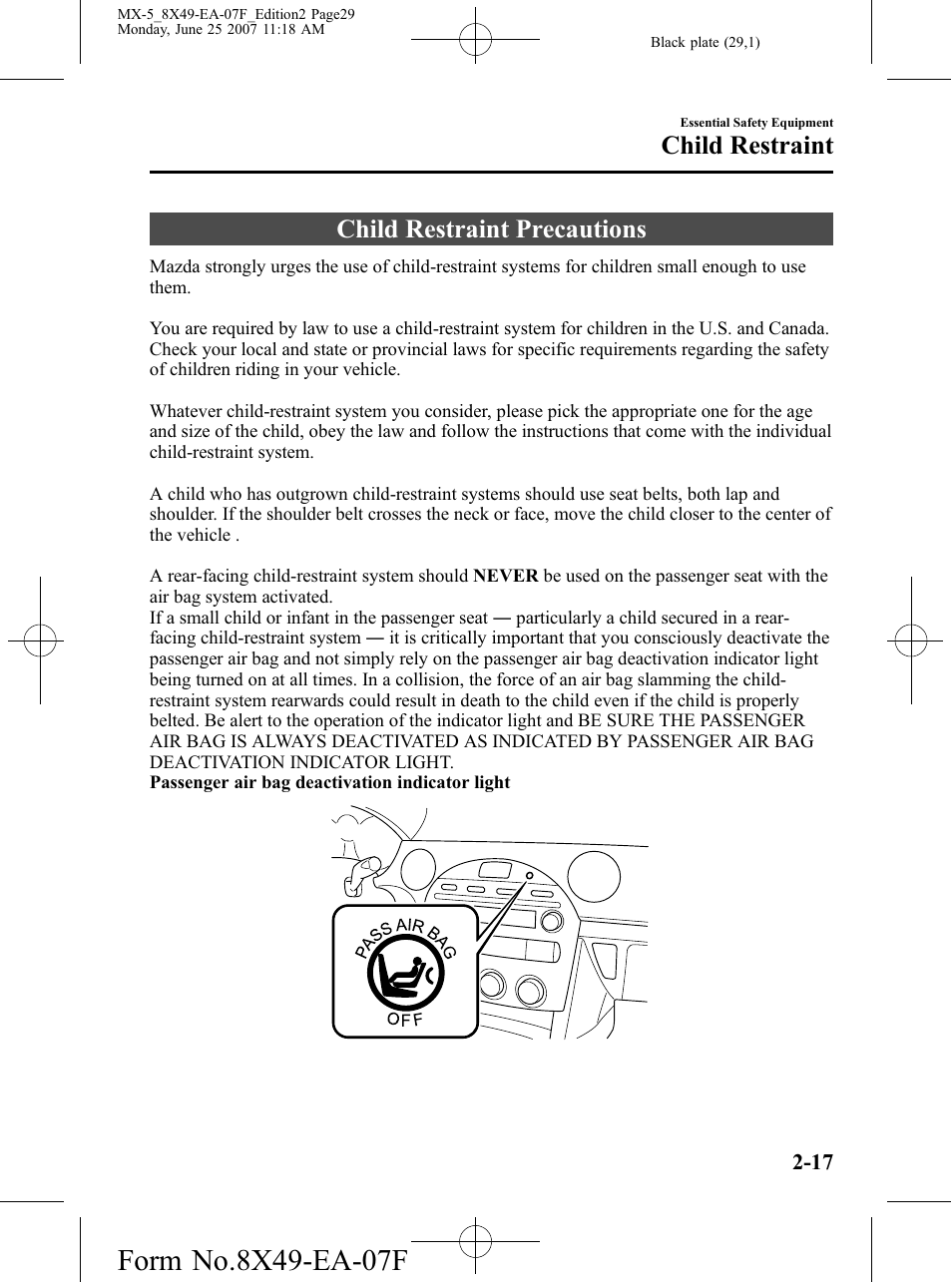 Child restraint, Child restraint precautions, Child restraint -17 | Child restraint precautions -17 | Mazda 2008 MX-5 Miata User Manual | Page 29 / 458