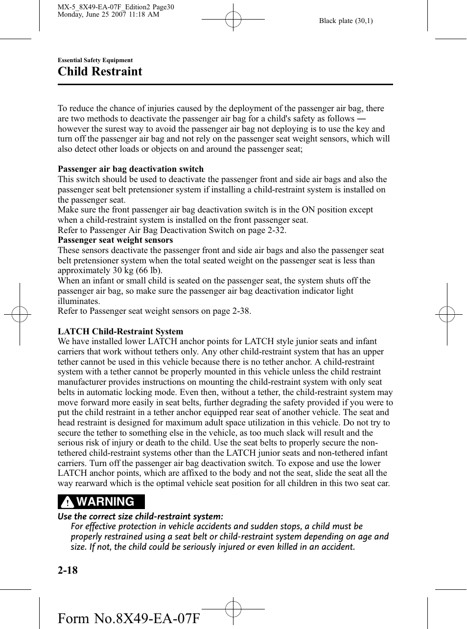 Child restraint, Warning | Mazda 2008 MX-5 Miata User Manual | Page 30 / 458