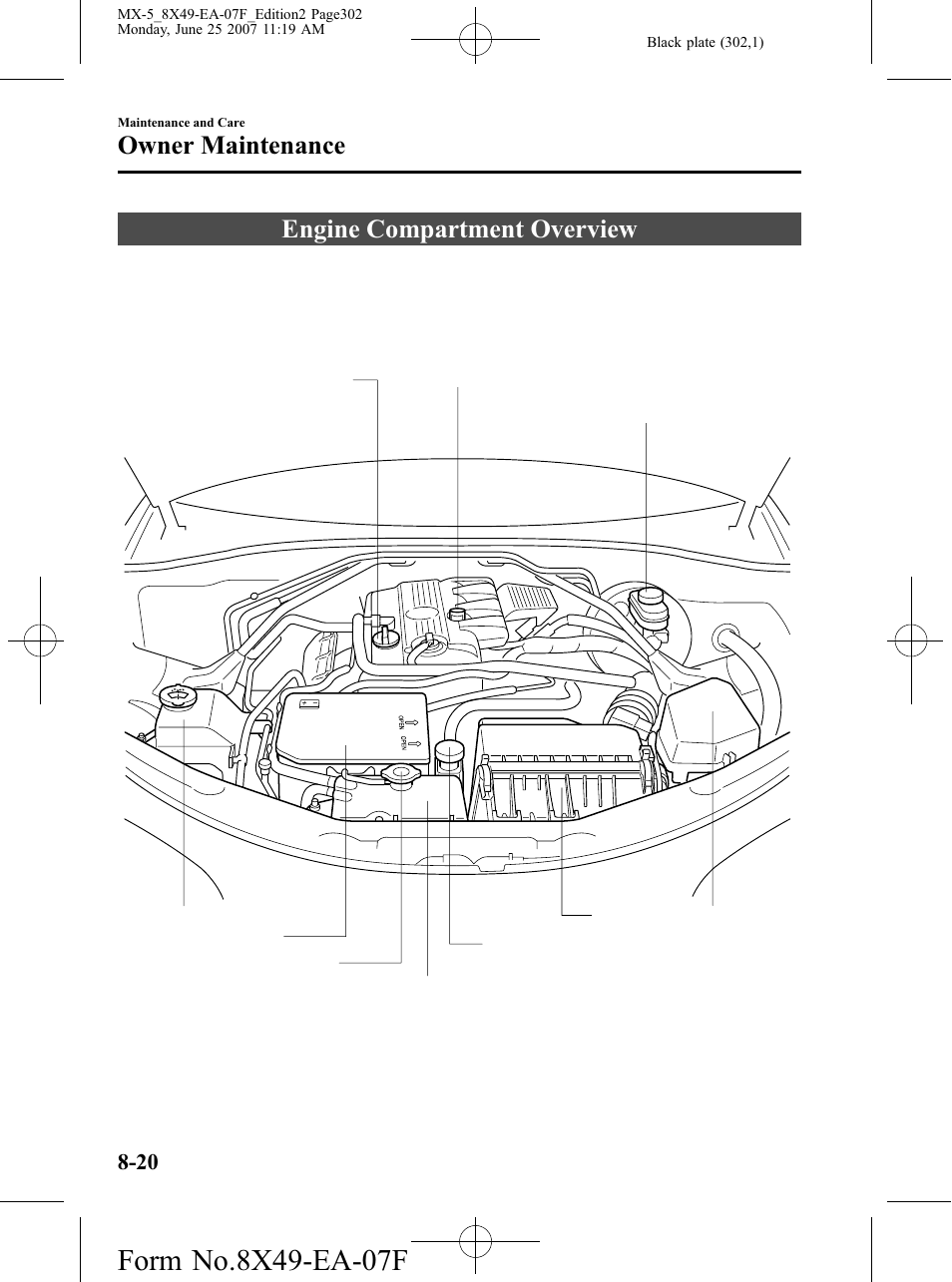 Engine compartment overview, Engine compartment overview -20, Owner maintenance | Mazda 2008 MX-5 Miata User Manual | Page 302 / 458