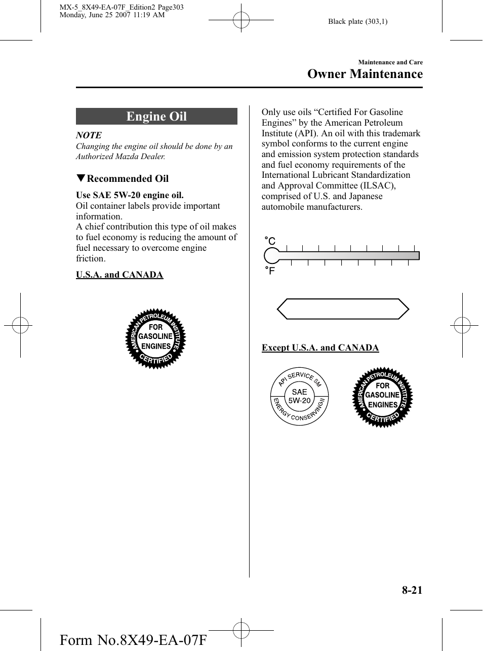 Engine oil, Engine oil -21, Owner maintenance | Mazda 2008 MX-5 Miata User Manual | Page 303 / 458