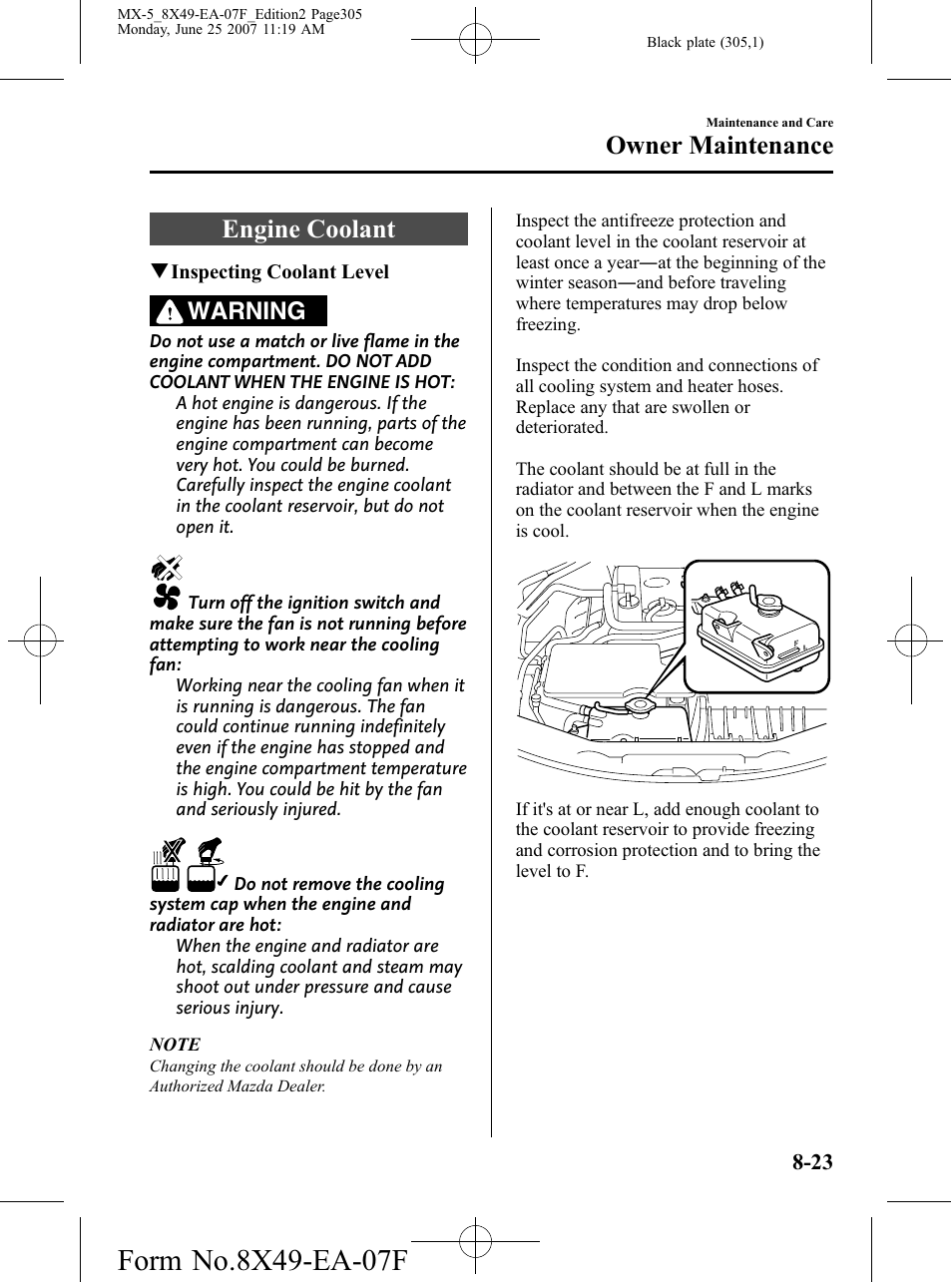 Engine coolant, Engine coolant -23, Owner maintenance | Warning | Mazda 2008 MX-5 Miata User Manual | Page 305 / 458