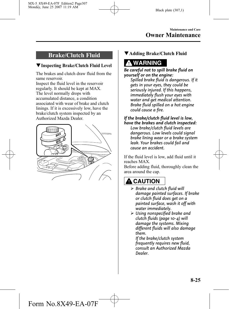 Brake/clutch fluid, Brake/clutch fluid -25, Owner maintenance | Warning, Caution | Mazda 2008 MX-5 Miata User Manual | Page 307 / 458