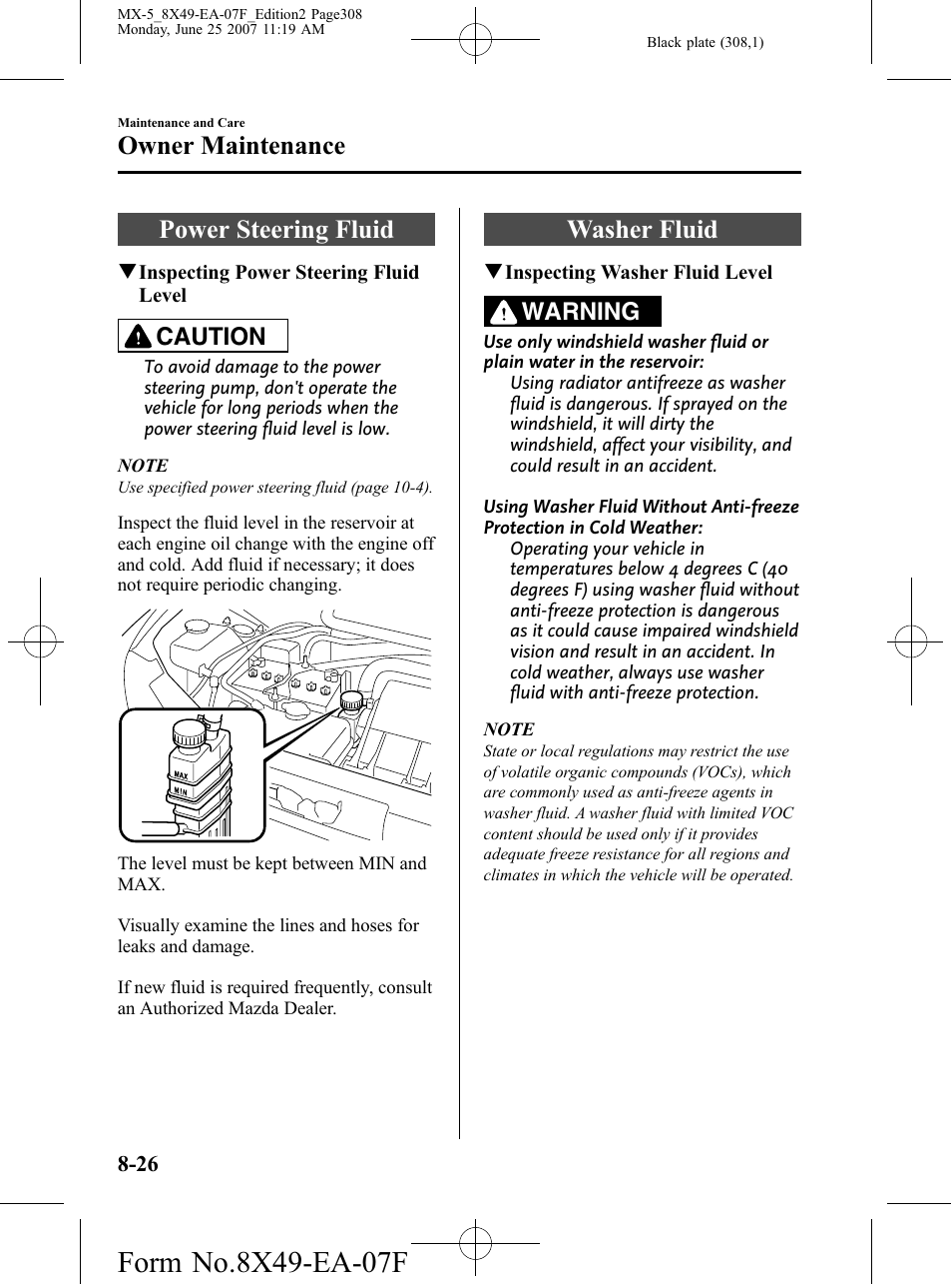 Power steering fluid, Washer fluid, Power steering fluid -26 washer fluid -26 | Owner maintenance, Caution, Warning | Mazda 2008 MX-5 Miata User Manual | Page 308 / 458