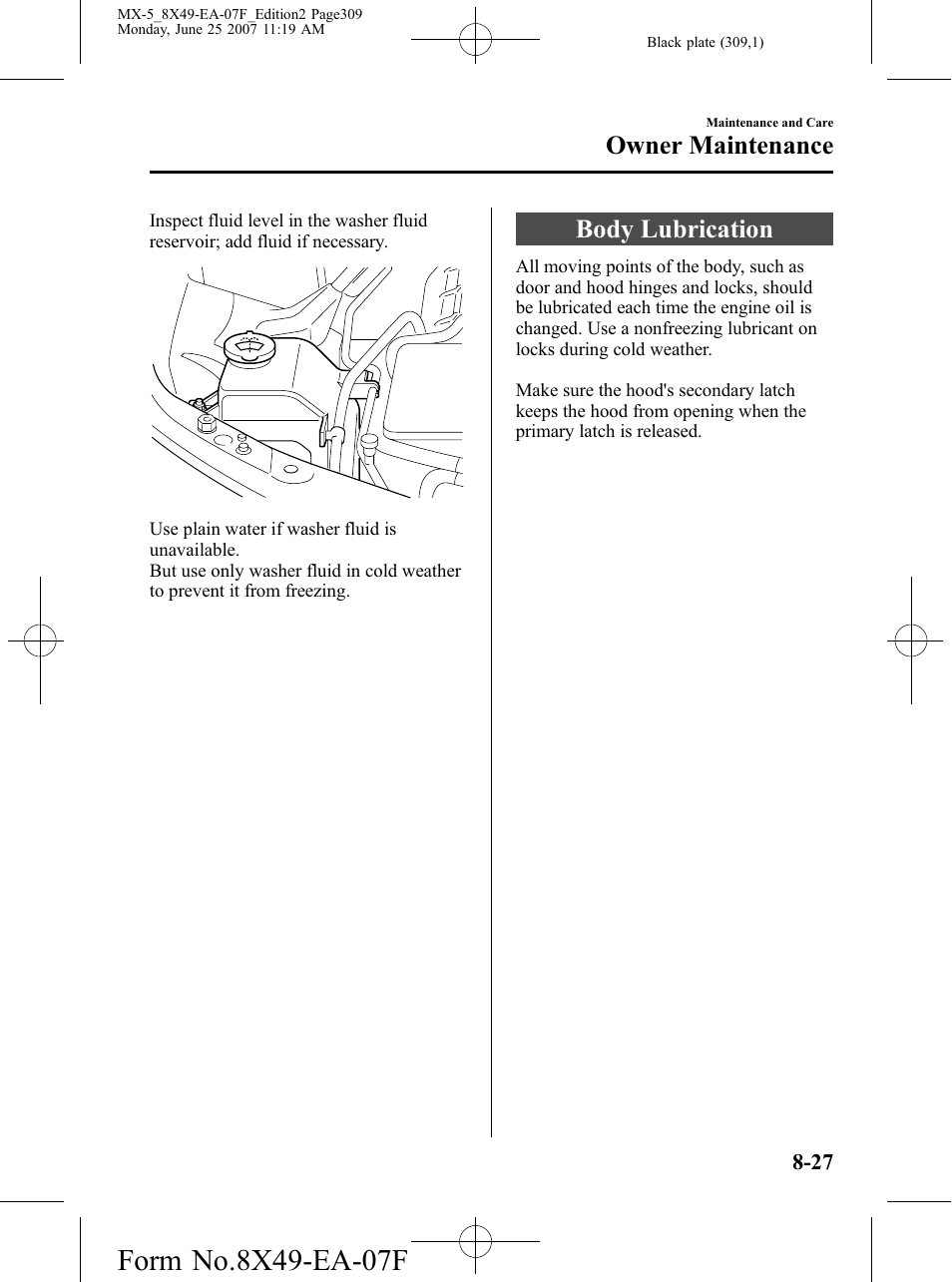 Body lubrication, Body lubrication -27, Owner maintenance | Mazda 2008 MX-5 Miata User Manual | Page 309 / 458