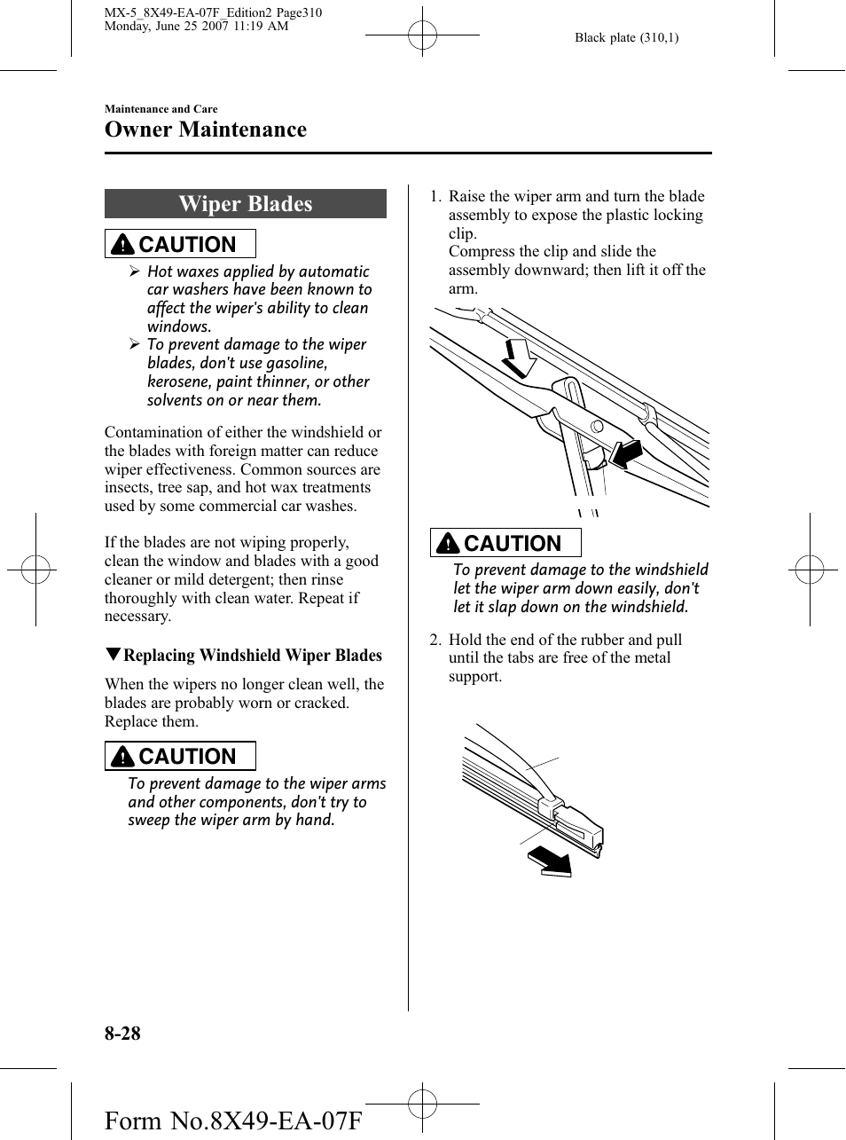 Wiper blades, Wiper blades -28, Owner maintenance | Caution | Mazda 2008 MX-5 Miata User Manual | Page 310 / 458