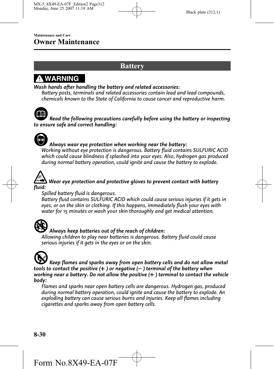 Battery, Battery -30, Owner maintenance | Warning | Mazda 2008 MX-5 Miata User Manual | Page 312 / 458