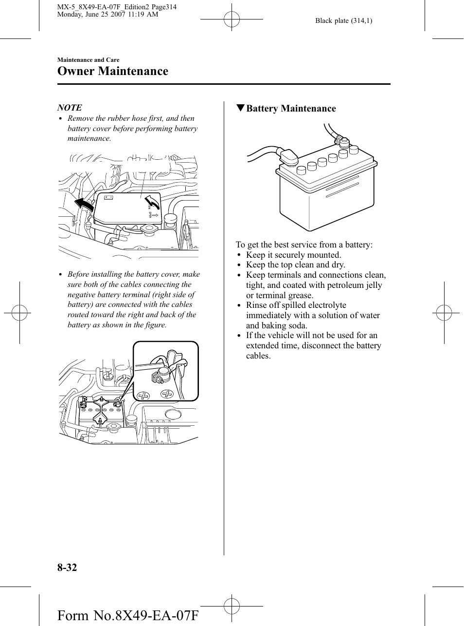 Owner maintenance, Qbattery maintenance | Mazda 2008 MX-5 Miata User Manual | Page 314 / 458