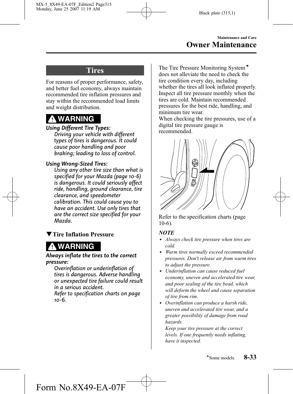 Tires, Tires -33, Owner maintenance | Warning | Mazda 2008 MX-5 Miata User Manual | Page 315 / 458