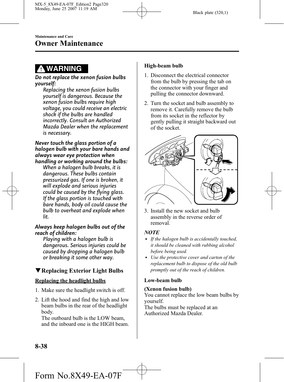 Owner maintenance, Warning | Mazda 2008 MX-5 Miata User Manual | Page 320 / 458