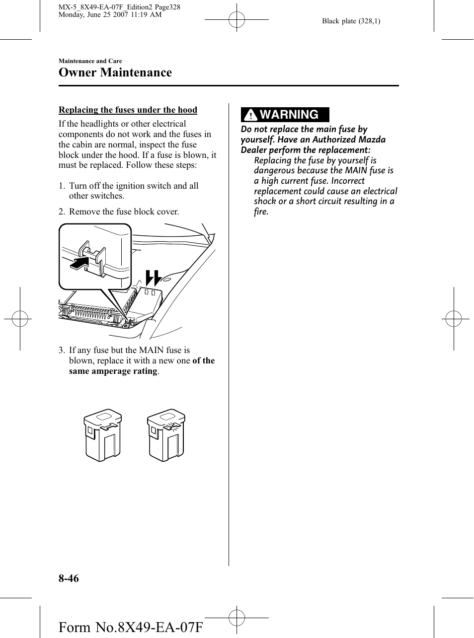 Owner maintenance, Warning | Mazda 2008 MX-5 Miata User Manual | Page 328 / 458