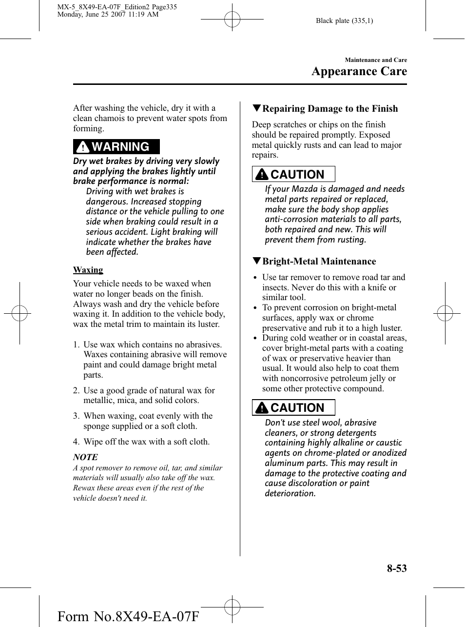 Appearance care, Warning, Caution | Mazda 2008 MX-5 Miata User Manual | Page 335 / 458