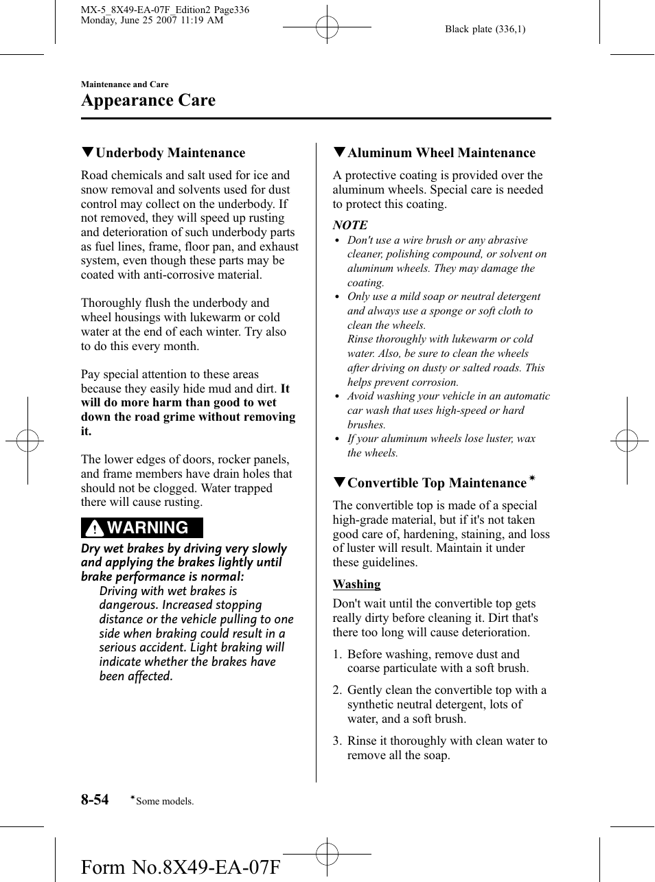 Appearance care, Warning | Mazda 2008 MX-5 Miata User Manual | Page 336 / 458