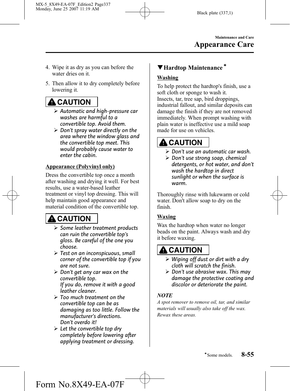 Appearance care, Caution | Mazda 2008 MX-5 Miata User Manual | Page 337 / 458