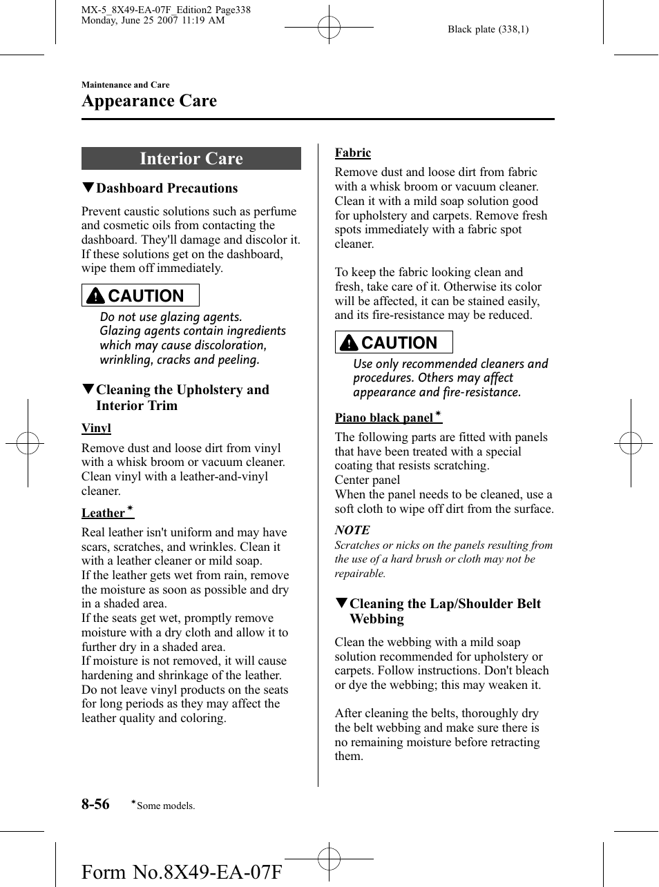 Interior care, Interior care -56, Appearance care | Caution | Mazda 2008 MX-5 Miata User Manual | Page 338 / 458