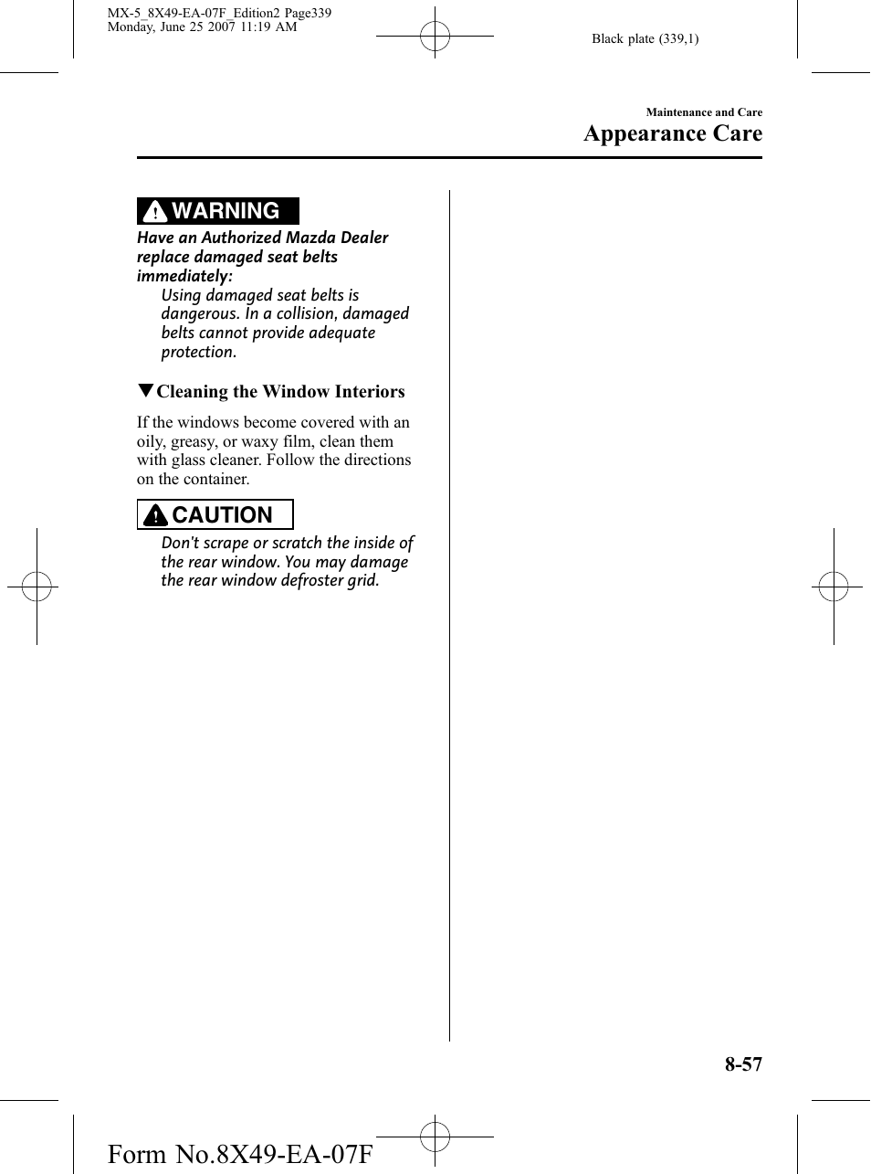 Appearance care, Warning, Caution | Mazda 2008 MX-5 Miata User Manual | Page 339 / 458