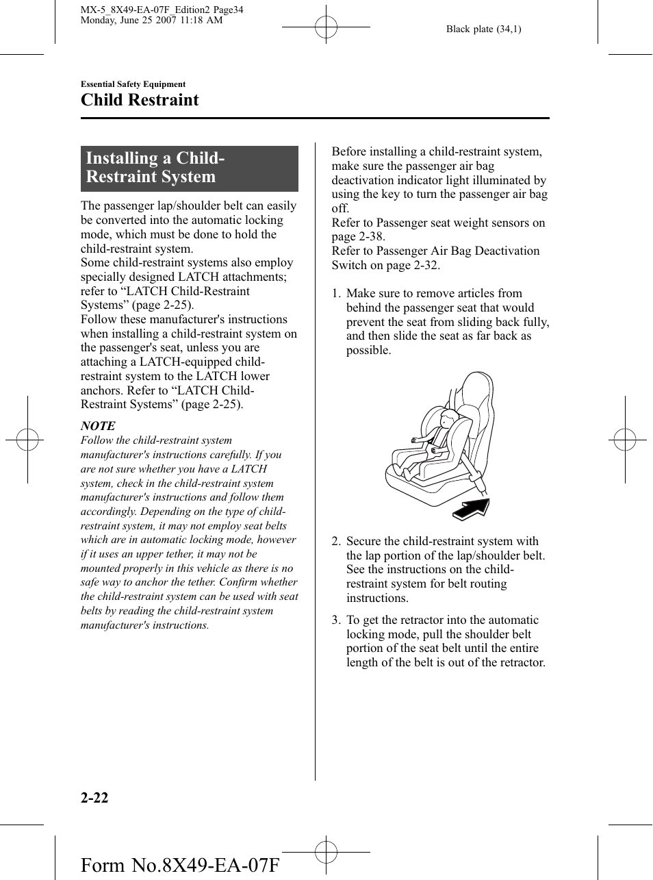 Installing a child-restraint system, Installing a child-restraint system -22, Installing a child- restraint system | Child restraint | Mazda 2008 MX-5 Miata User Manual | Page 34 / 458