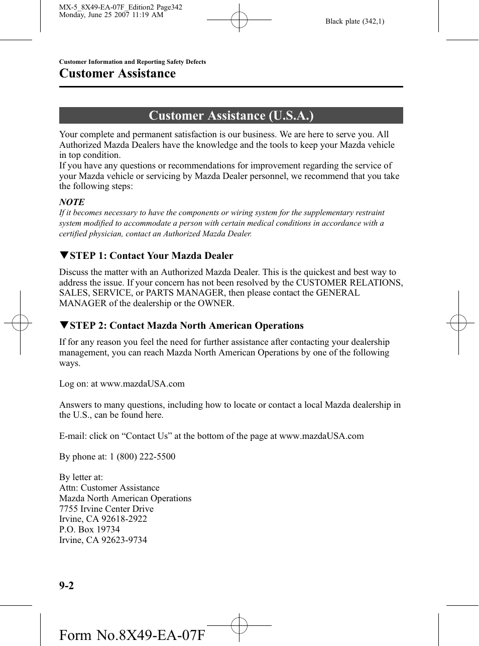 Customer assistance, Customer assistance (u.s.a.), Customer assistance -2 | Customer assistance (u.s.a.) -2 | Mazda 2008 MX-5 Miata User Manual | Page 342 / 458