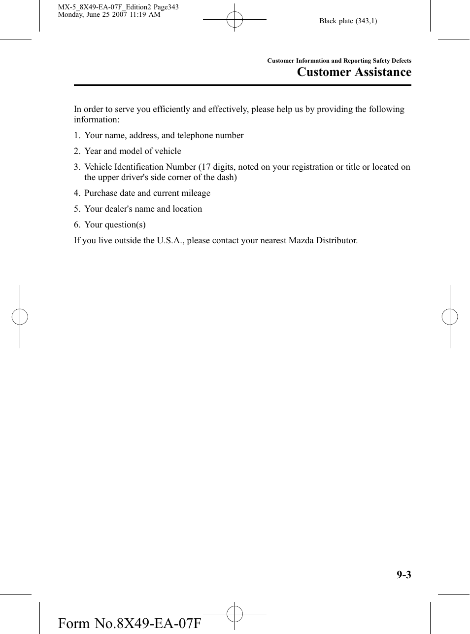 Customer assistance | Mazda 2008 MX-5 Miata User Manual | Page 343 / 458