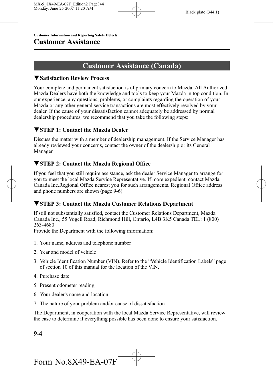 Customer assistance (canada), Customer assistance (canada) -4, Customer assistance | Mazda 2008 MX-5 Miata User Manual | Page 344 / 458