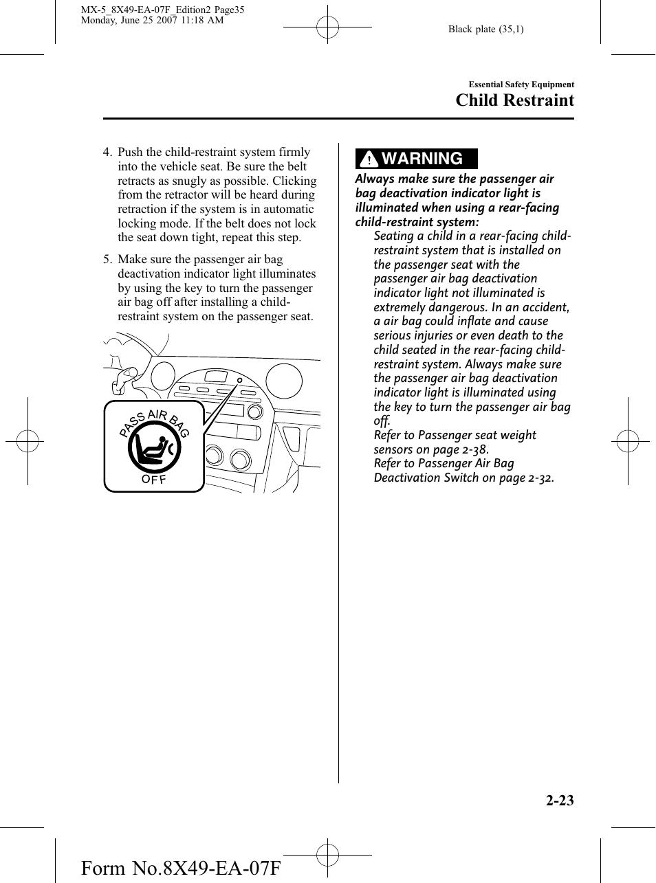 Child restraint, Warning | Mazda 2008 MX-5 Miata User Manual | Page 35 / 458