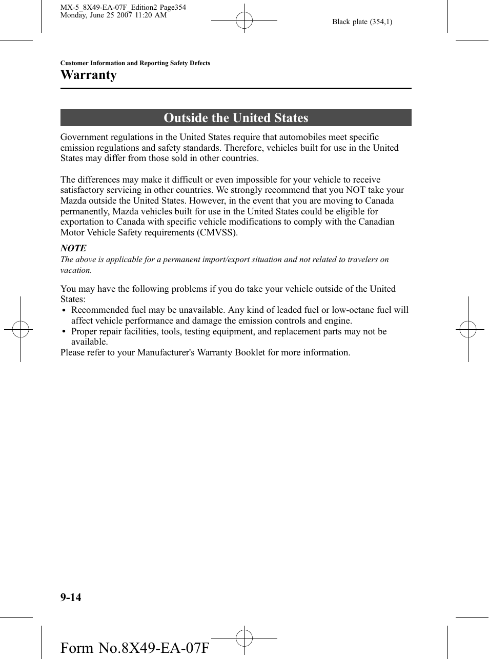 Outside the united states, Outside the united states -14, Warranty | Mazda 2008 MX-5 Miata User Manual | Page 354 / 458