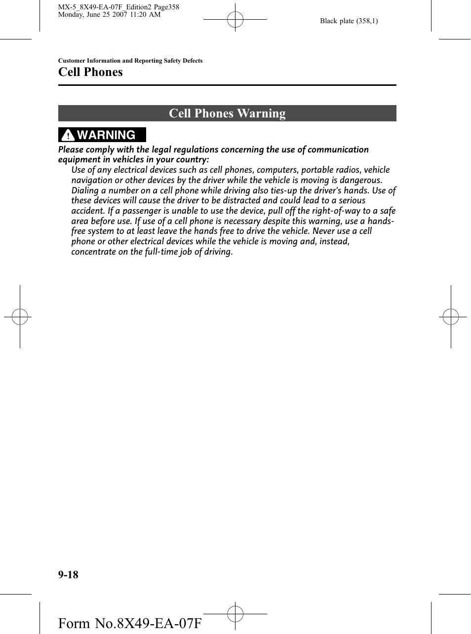 Cell phones, Cell phones warning, Cell phones -18 | Cell phones warning -18 | Mazda 2008 MX-5 Miata User Manual | Page 358 / 458