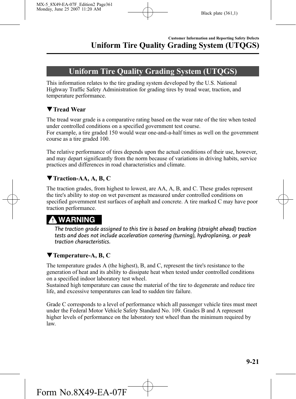 Uniform tire quality grading system (utqgs), Uniform tire quality grading system (utqgs) -21, Warning | Mazda 2008 MX-5 Miata User Manual | Page 361 / 458