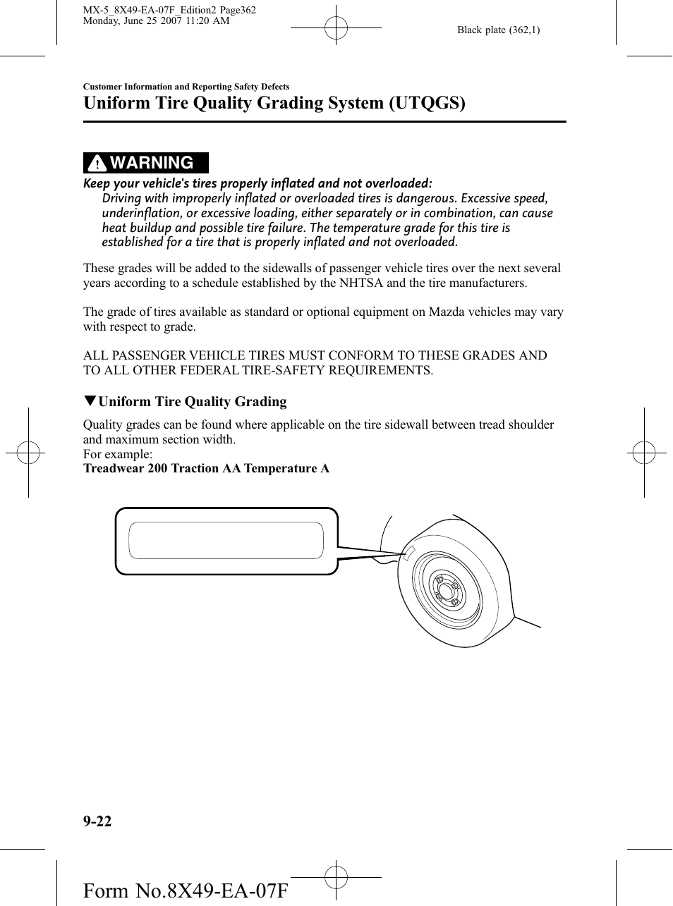 Uniform tire quality grading system (utqgs), Warning | Mazda 2008 MX-5 Miata User Manual | Page 362 / 458