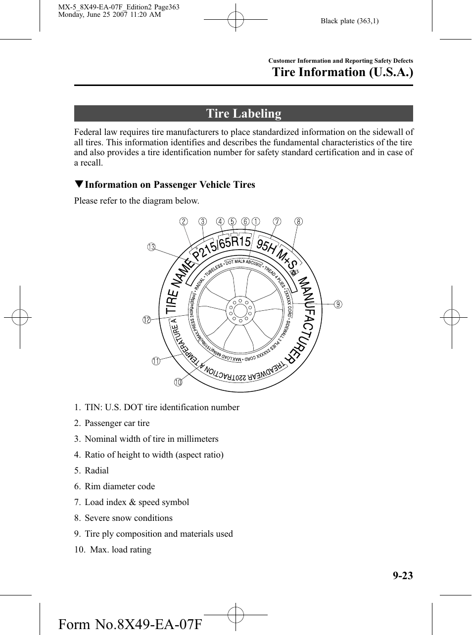 Tire information (u.s.a.), Tire labeling, Tire information (u.s.a.) -23 | Tire labeling -23 | Mazda 2008 MX-5 Miata User Manual | Page 363 / 458