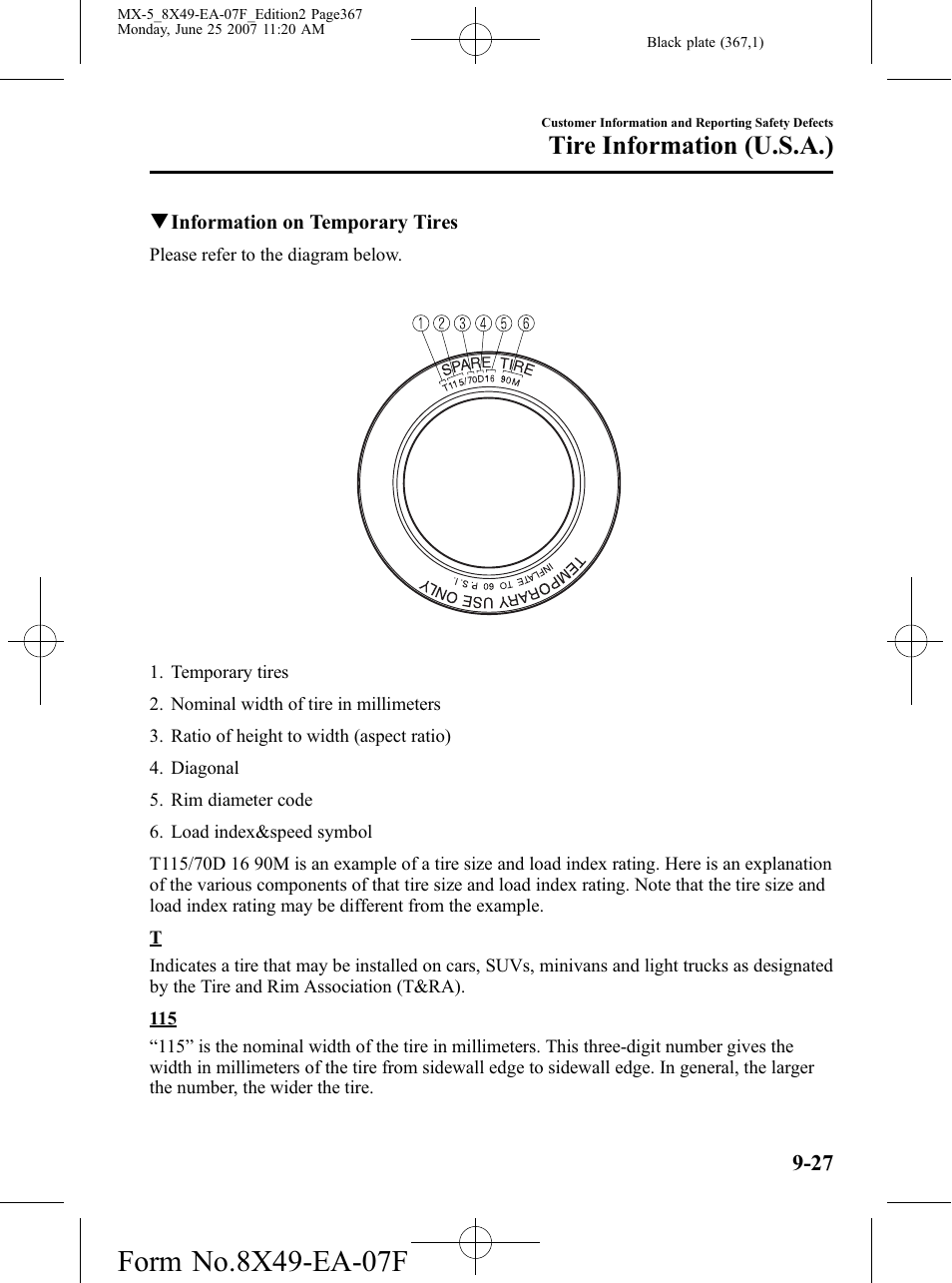 Tire information (u.s.a.) | Mazda 2008 MX-5 Miata User Manual | Page 367 / 458