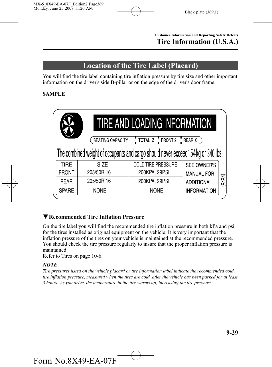 Location of the tire label (placard), Location of the tire label (placard) -29, Tire information (u.s.a.) | Mazda 2008 MX-5 Miata User Manual | Page 369 / 458