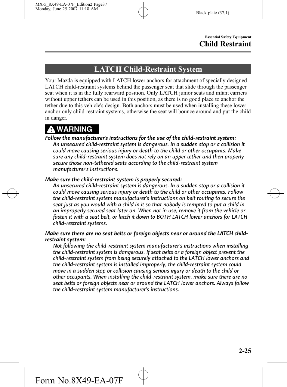 Latch child-restraint system, Latch child-restraint system -25, Child restraint | Warning | Mazda 2008 MX-5 Miata User Manual | Page 37 / 458