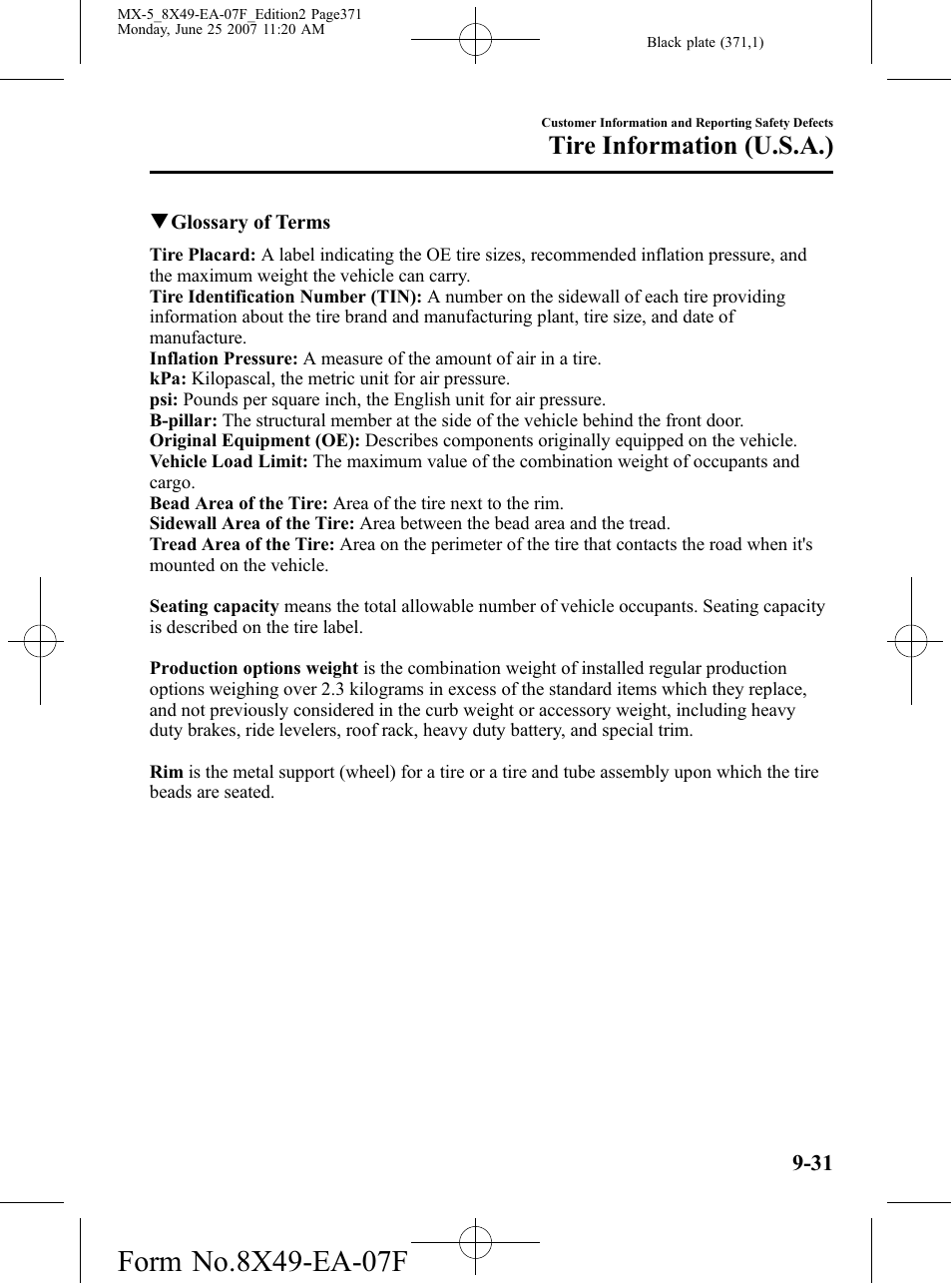 Tire information (u.s.a.) | Mazda 2008 MX-5 Miata User Manual | Page 371 / 458