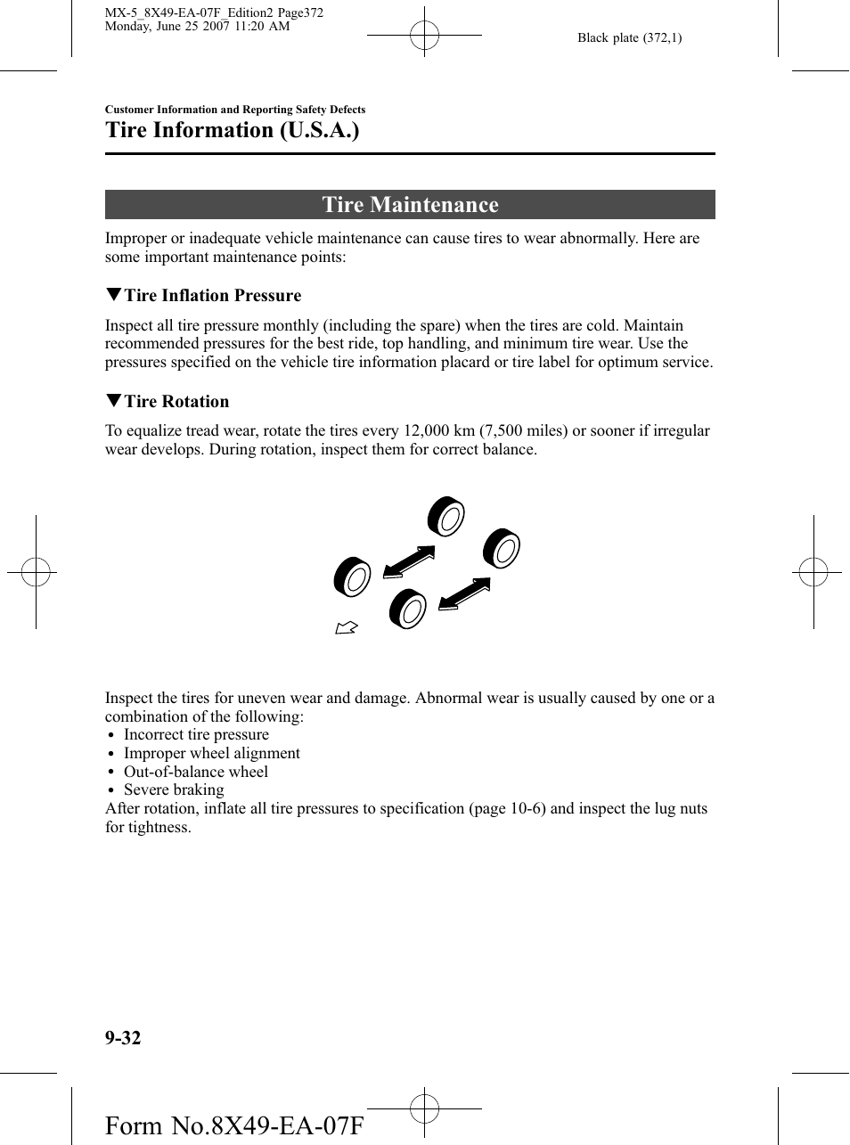 Tire maintenance, Tire maintenance -32, Tire information (u.s.a.) | Mazda 2008 MX-5 Miata User Manual | Page 372 / 458