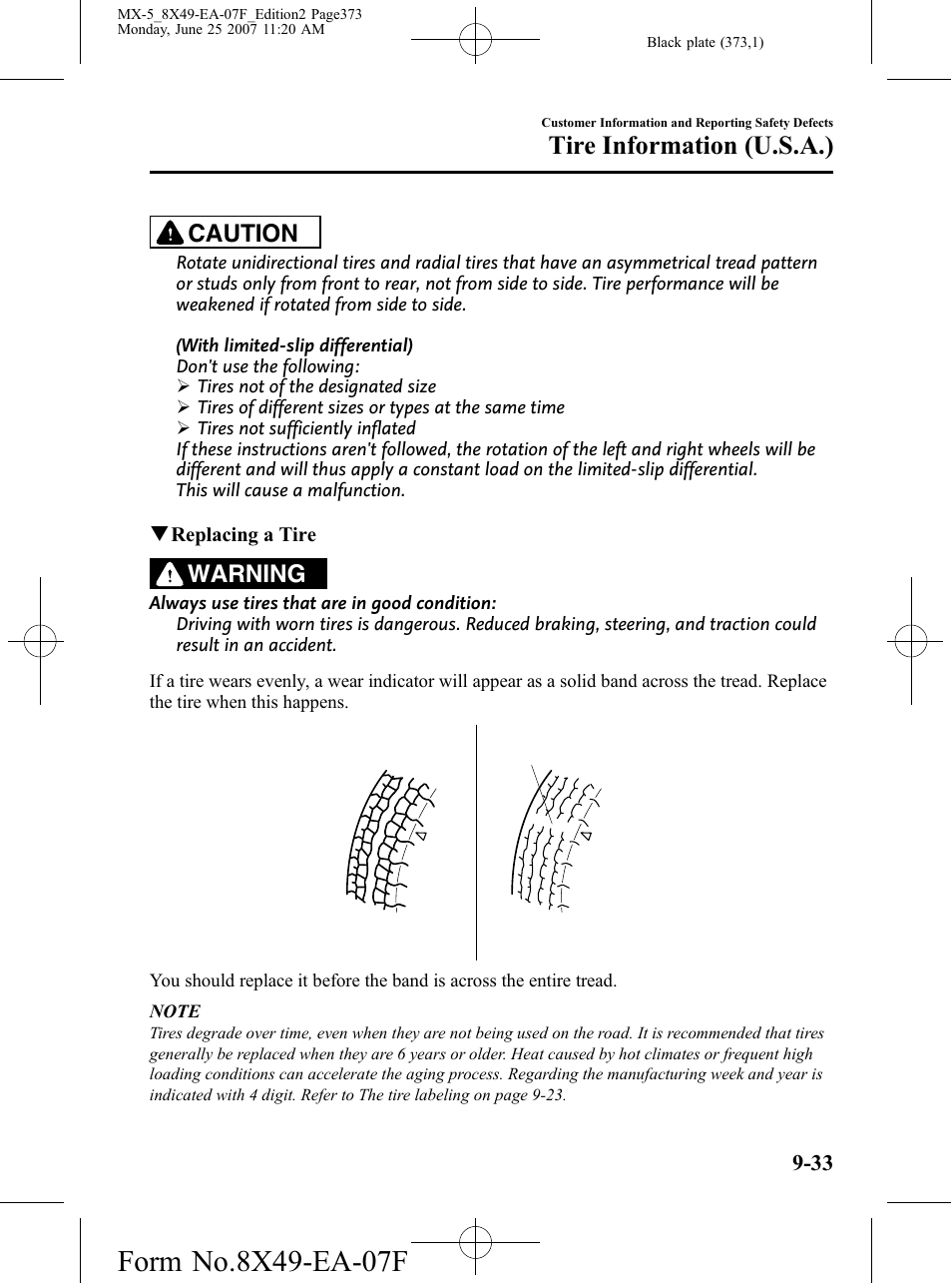 Tire information (u.s.a.), Caution, Warning | Mazda 2008 MX-5 Miata User Manual | Page 373 / 458