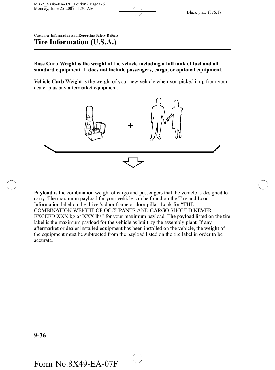 Payload, Tire information (u.s.a.) | Mazda 2008 MX-5 Miata User Manual | Page 376 / 458