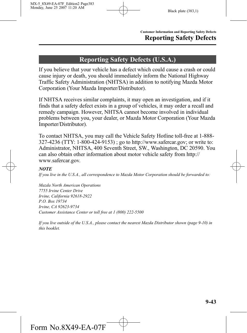 Reporting safety defects, Reporting safety defects (u.s.a.), Reporting safety defects -43 | Reporting safety defects (u.s.a.) -43 | Mazda 2008 MX-5 Miata User Manual | Page 383 / 458