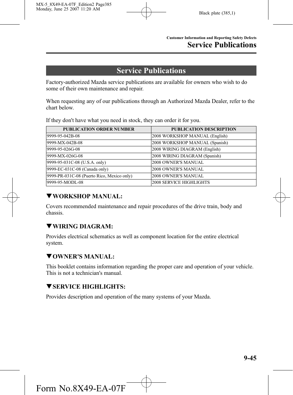 Service publications, Service publications -45 | Mazda 2008 MX-5 Miata User Manual | Page 385 / 458