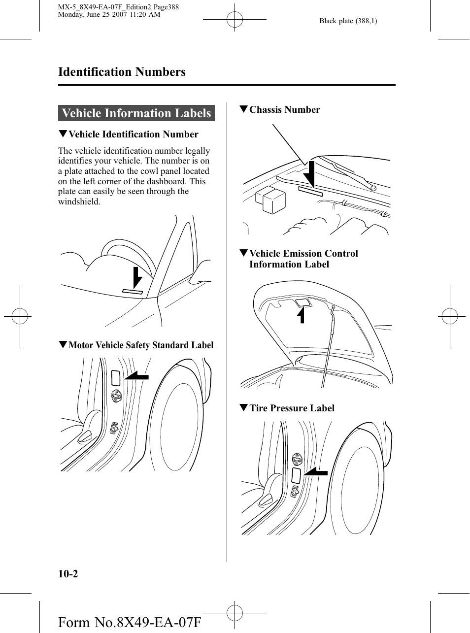 Identification numbers, Vehicle information labels, Identification numbers -2 | Vehicle information labels -2 | Mazda 2008 MX-5 Miata User Manual | Page 388 / 458