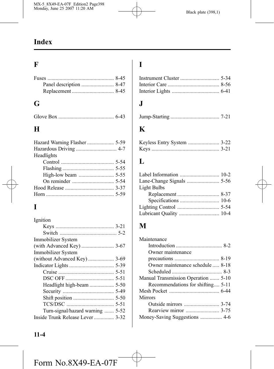 Index | Mazda 2008 MX-5 Miata User Manual | Page 398 / 458