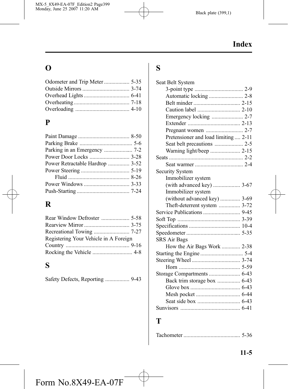 Index | Mazda 2008 MX-5 Miata User Manual | Page 399 / 458