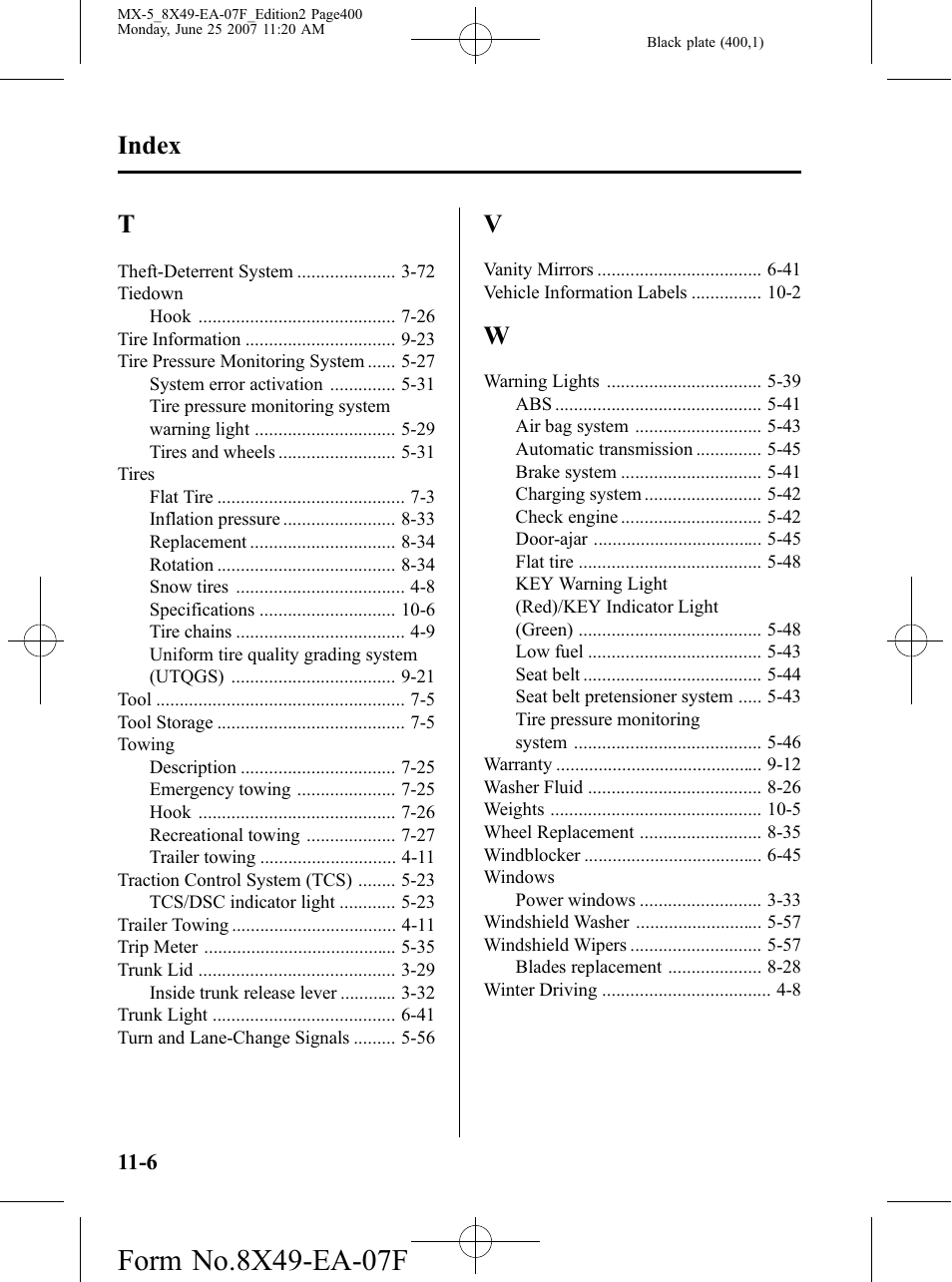 Index | Mazda 2008 MX-5 Miata User Manual | Page 400 / 458