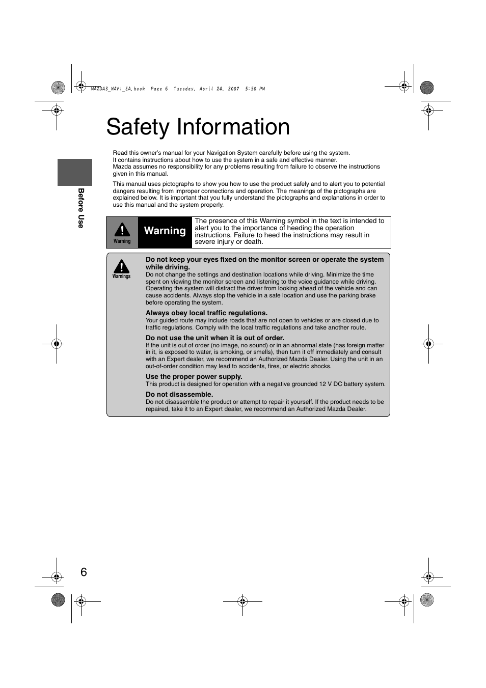 Safety information, Warning | Mazda 2008 MX-5 Miata User Manual | Page 406 / 458