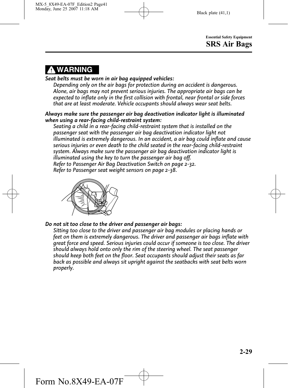 Srs air bags, Warning | Mazda 2008 MX-5 Miata User Manual | Page 41 / 458