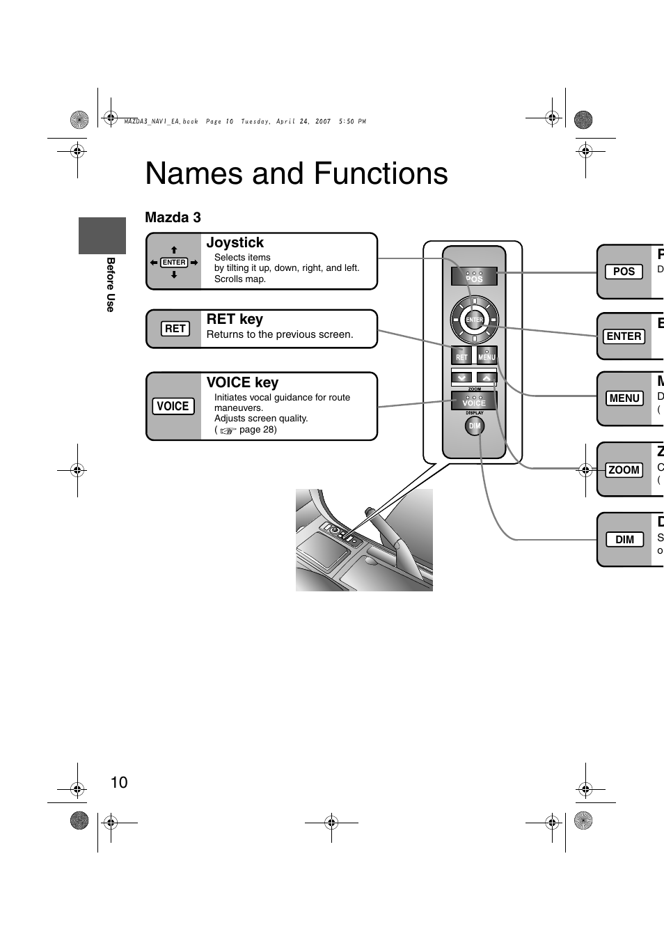 Names and functions, Ret key, Voice key | Joystick, Mazda 3 | Mazda 2008 MX-5 Miata User Manual | Page 410 / 458