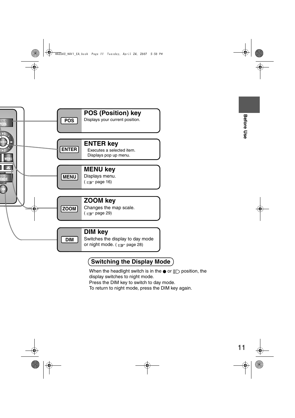 Zoom key, Pos (position) key, Enter key | Menu key, Dim key, Switching the display mode | Mazda 2008 MX-5 Miata User Manual | Page 411 / 458