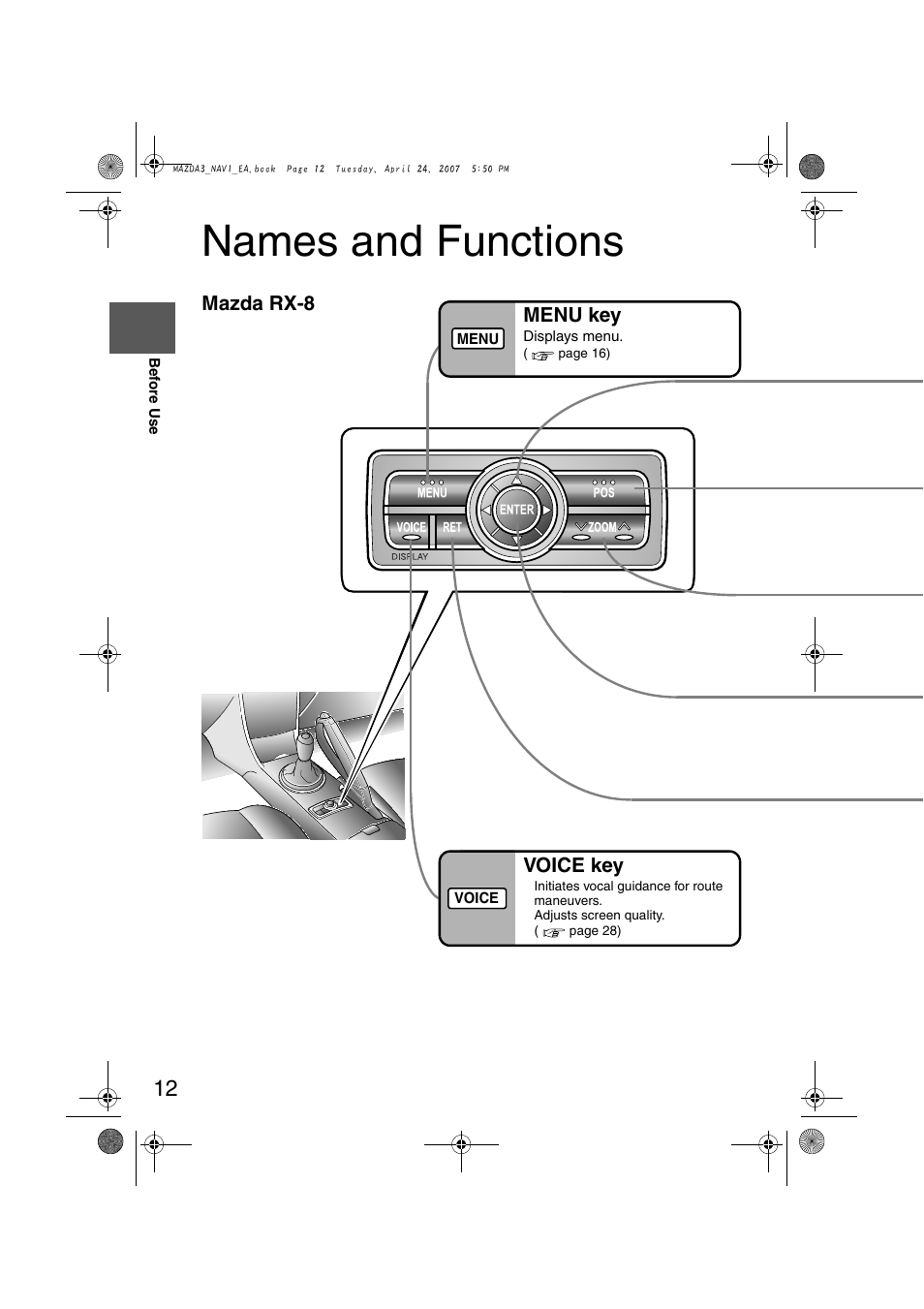 Names and functions, Menu key, Voice key | Mazda rx-8 | Mazda 2008 MX-5 Miata User Manual | Page 412 / 458