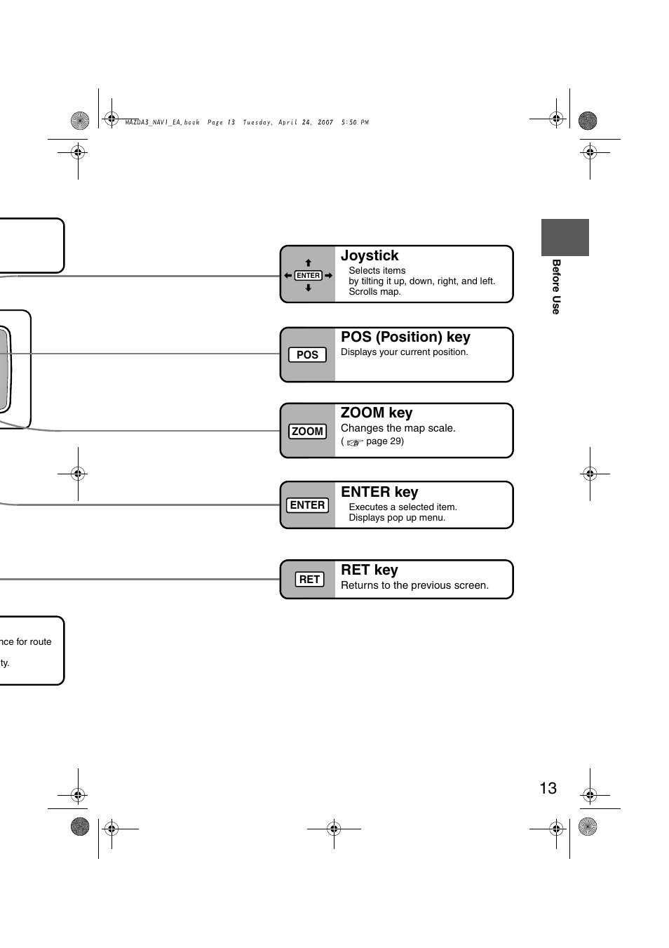 Zoom key, Ret key, Pos (position) key | Joystick, Enter key | Mazda 2008 MX-5 Miata User Manual | Page 413 / 458